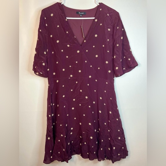 NWT MADEWELL 100% SILK Vneck Short Sleeve Flutter Hem Lined Dress Stars 12 - Picture 7 of 15